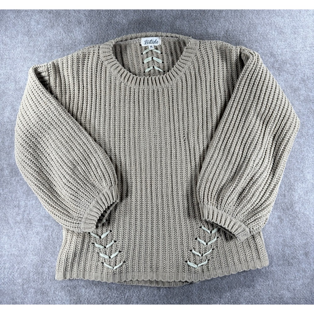 Listicle‎ Taupe Beige Knit Sweater Women's Size M Balloon Sleeve Lace-up Detail